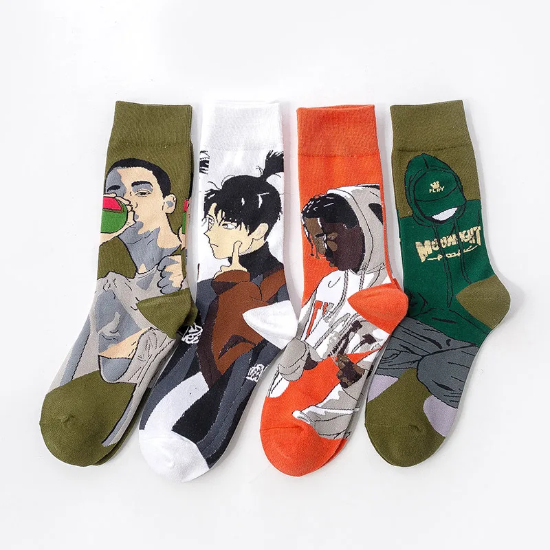 

New Personality Original Street Trend Men's High Tube Fun Cartoon Character Pattern High-end Cotton Middle Tube Men's Stockings