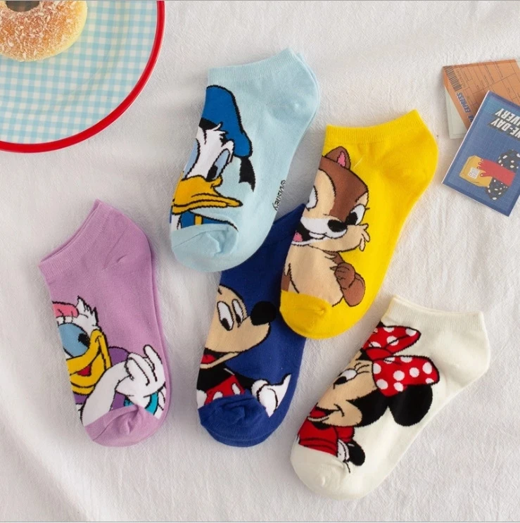 Women Socks 10pc = 5 pairs Mickey mouse Cartoon Summer Invisible cotton Ankle Socks Size 35-41