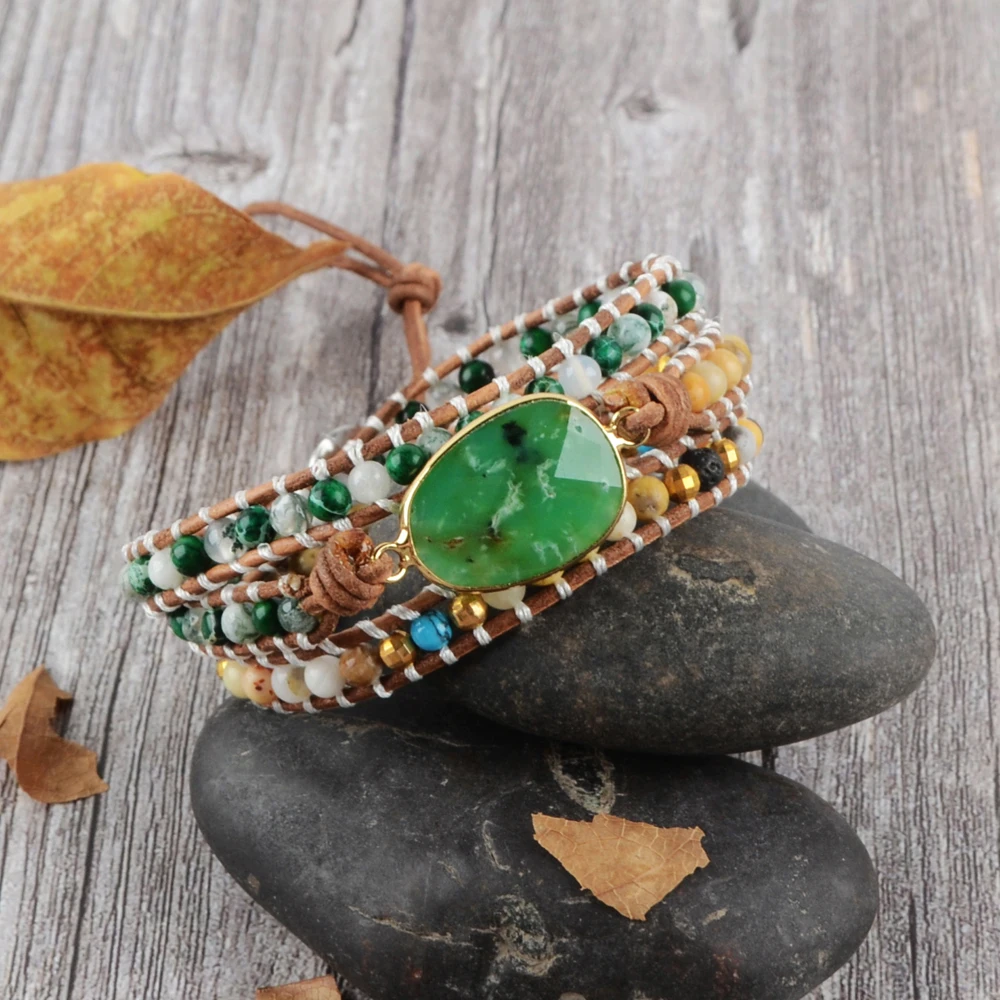 Chrysoprases, женский браслет, натуральный камень, 3 раза, браслеты с кожаными ремешками, зеленый нефрит, многослойный браслет из бисера, Прямая поставка