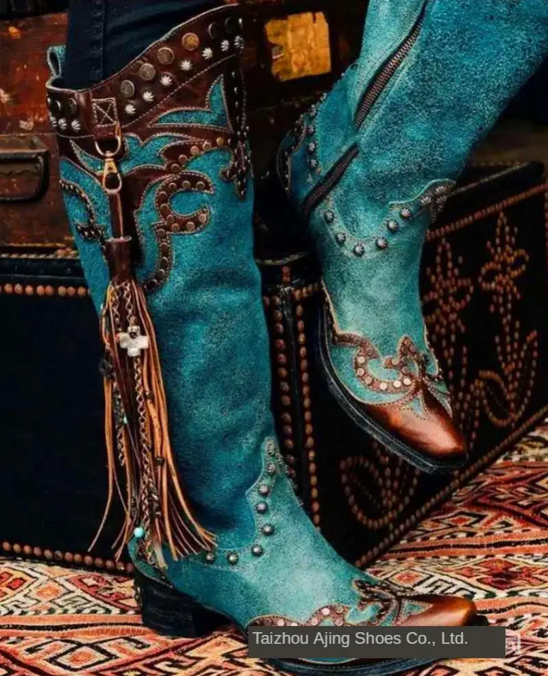 

Винтажные женские сапоги для верховой езды, ковбойские сапоги в стиле панк с бахромой и заклепками, женские модные высокие сапоги на толстом каблуке, осень 2020
