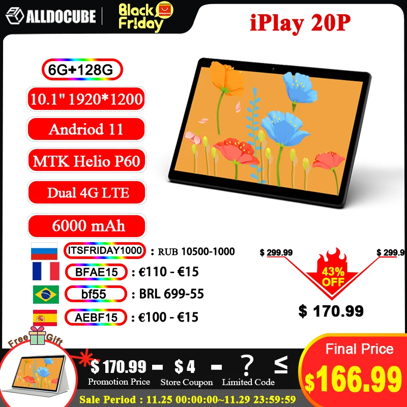 【New】Alldocube iPlay 20P 10.1 Inch Tablet PC 1920x1200 FHD Screen 6GB RAM 128GB ROM 6000mAh Battery Dual 4G LTE Call Android 11 |