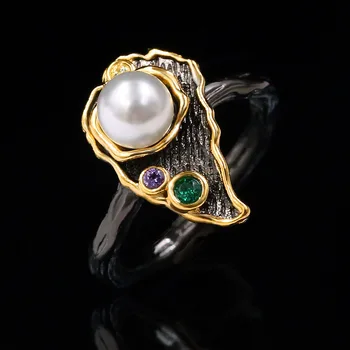 

Exquisite Ladies 925 Sterling Silver Natural Freshwater Pearl Ring Black Gold Vintage Ring Italian Pearl Jewelry Ring Women Ring