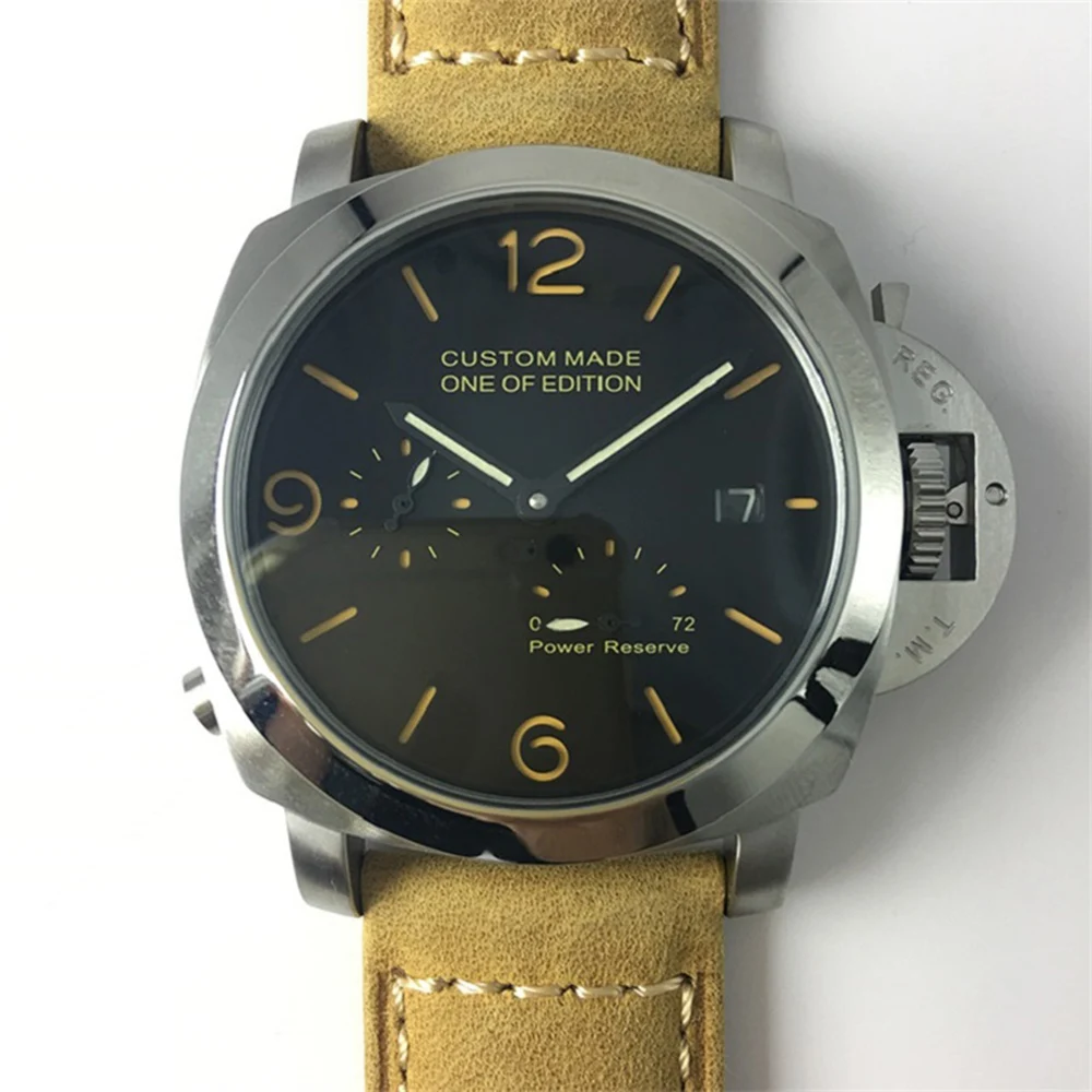 

Parnis 44mm Automatic Mechanical Watch Men Power Reserve PVD Case Leather Strap Luxury Luminous Waterproof Military Men's Watch