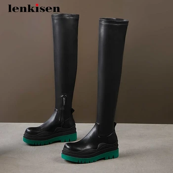 

Lenkisen riding boots natural leather mixed colors platform round toe thick high heel zipper young lady over-the-knee boots L96