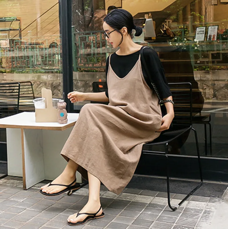 

Cotton Linen Suspender Skirt Loose-Fit Flax Dress Women's Korean-style Mid-length Casual Large Size Students over-the-Knee Strap