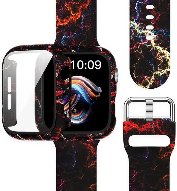 Silicone Strap+Cover for Apple Watch Bands 44mm 40mm 42mm 38mm Screen Protector, Glass+Silicone Wristband Strap for iwatch 2 in1 Case Band 02