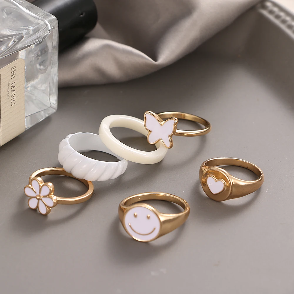 Women Ring Set, IFMIA Vintage White Heart Rings, Fashion Creative Y2K Style Metal Love Butterfly Ring, Trend Jewelry, Jewelry Accessories, Ring Set