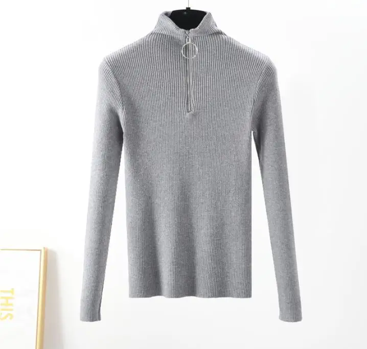 Pull décontracté avec fermeture по glissière femmes col roulé однотонные printemps женские туфли тянуть tricoté тянет с длинным рукавом - Цвет: Серый