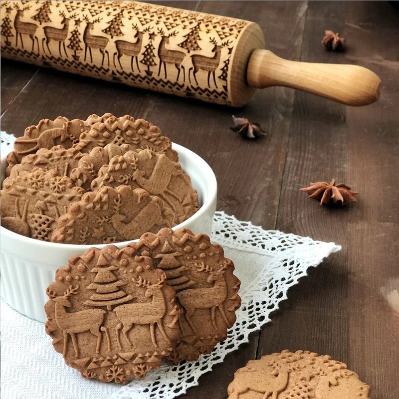 3D Christmas Rolling Pin Wooden 29 Patterns Embossed Imprinted Patterned Cookie Made Roll Pin Bakery Baking Pastry Tools