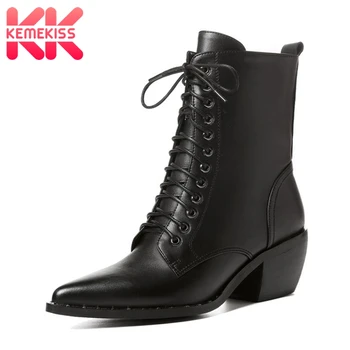 

KemeKiss Genuine Leather Ankle Boots Women Pointed Toe Thick Heels Shoes Woman Autumn Winter Women Footwear Size 34-39