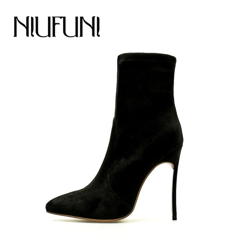 

NIUFUNI 2019 Autumn Ladies Sexy High Heels Boots Women Pointed Toe Slim Stretch Ankle Boots Spring Shoes Women Plus Size 35- 42