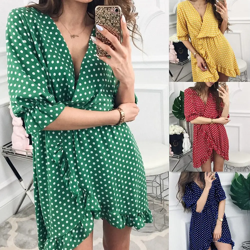 

Fashion Summer Bohemian Draped Loose Dress Dot Print V Neck Maxi Evening Party Beach Sundress Mini Dress