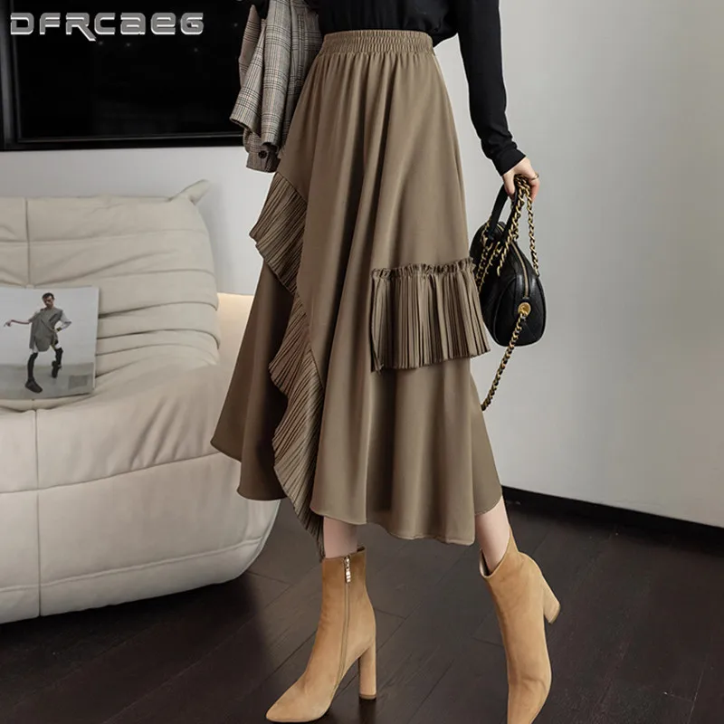 

High Waist Vintage Irregular Ruffles Skirt For Women 2022 Spring Trend Fashion Elegant A-Line Long Skirts Female