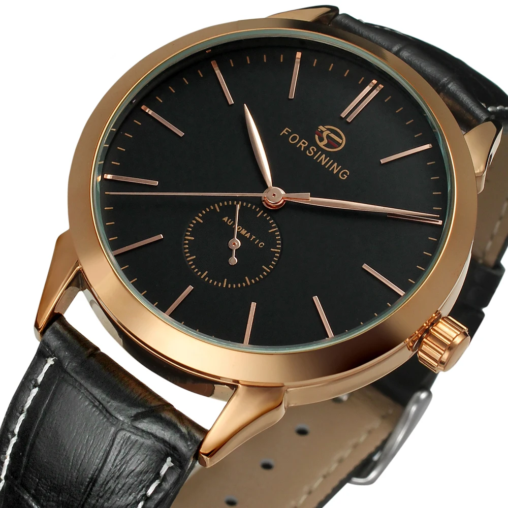 

Forsining Simple Men Mechanical Watch Automatic Sub Dial Black Ultra-thin Analog Genuine Leather Band Wristwatch Horloge Mannen