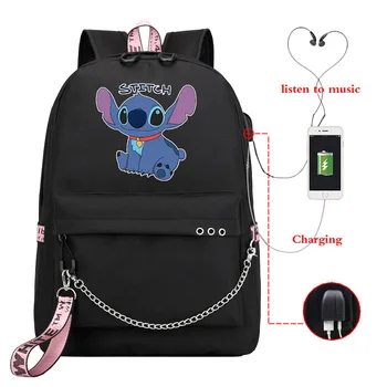 

Disney Kawaii Stitch Bag Zipper USB Charging Mochila Capacity Backpack Women Kpop School Bags for Teenage Girls Students