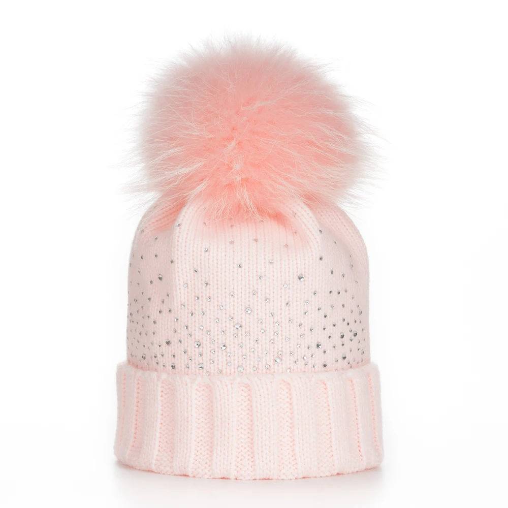 15cm pink pom Хрустальная Детская вязаная шапка, детская теплая шапка с мяч из натурального меха енота, помпоны, От 1 до 6 лет детей - Цвет: 15cm pink pom