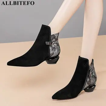 

ALLBITEFO high quality genuine leather thick heels women boots brand high heels ankle boots for women women high heel shoes