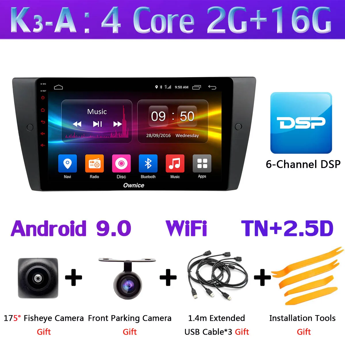 1DIN 360 ° камера 4G SIM WiFi Android 9,0 4+ 64G SPDIF DSP CarPlay автомобильный мультимедийный плеер для BMW E90 E91 E92 E93 3 серии gps радио - Цвет: K3-A
