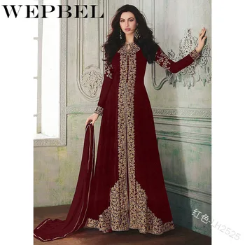 

WEPBEL Floral Embroider Long Sleeve O Neck Dress Abaya Style Indian High Slit Chiffon Maxi Party Dress Women Fashion Elegant