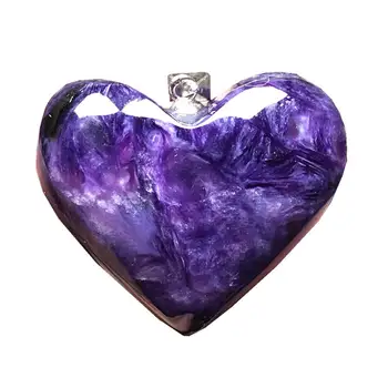 

100% Natural Heart Purple Charoite Necklace Pendant For Woman Lady Man Love Crystal 27x8mm Beads Silver Sterling Jewelry AAAAA
