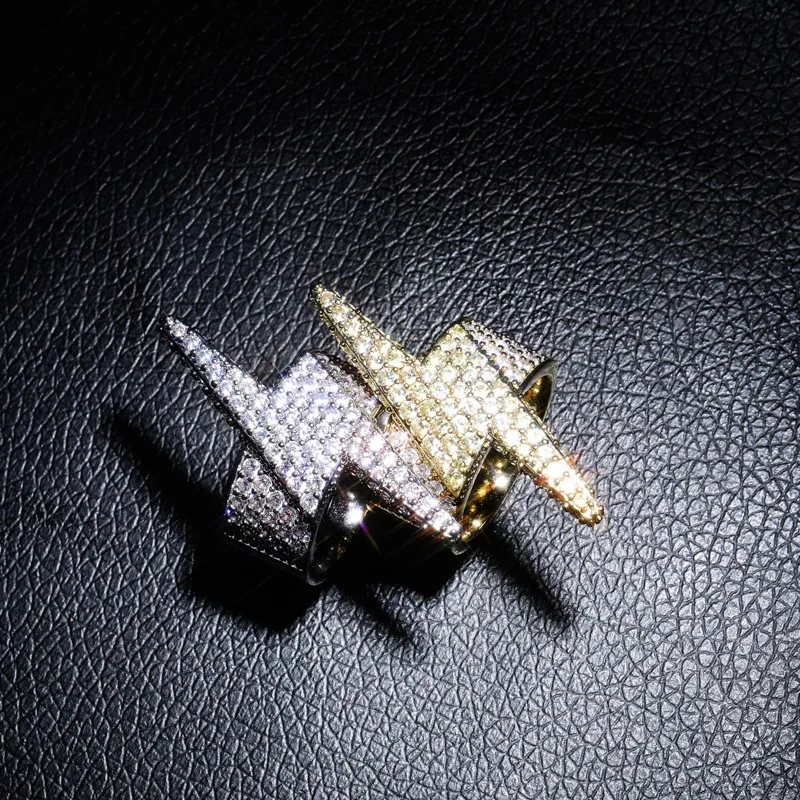 AAA+ CZ циркон проложили Bling Iced Out Lightning кольца для мужчин и женщин кубический цирконий кольца мужские хип-хоп рэппер ювелирные изделия серебро золото