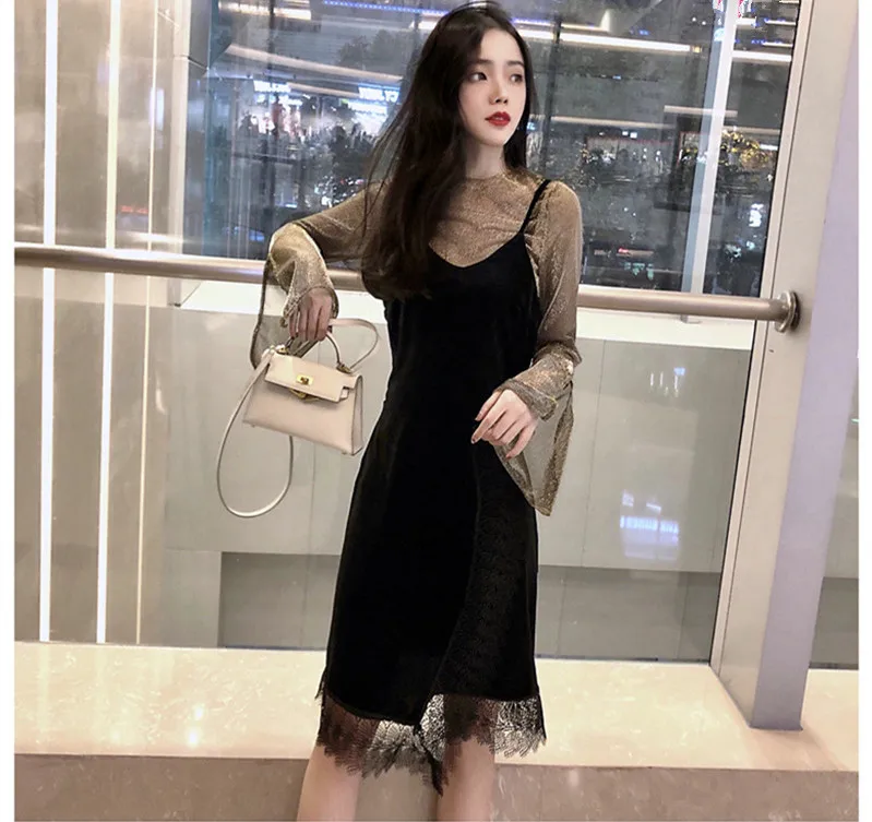

2020 Autumn Winter Black Lace Sling Velour Dresses Pleuche Flare Sleeve Two-Piece Slim Velvet Dress Women Vestido WXF629