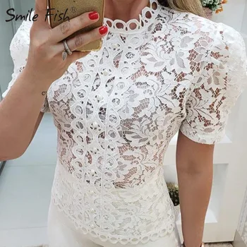 

Fashion Stand Collar Lace Shirt Women Sweet Crochet Pearl White Blouse Blusas Hollow Out Short Sleeve Summer Lady Slim Top G2011