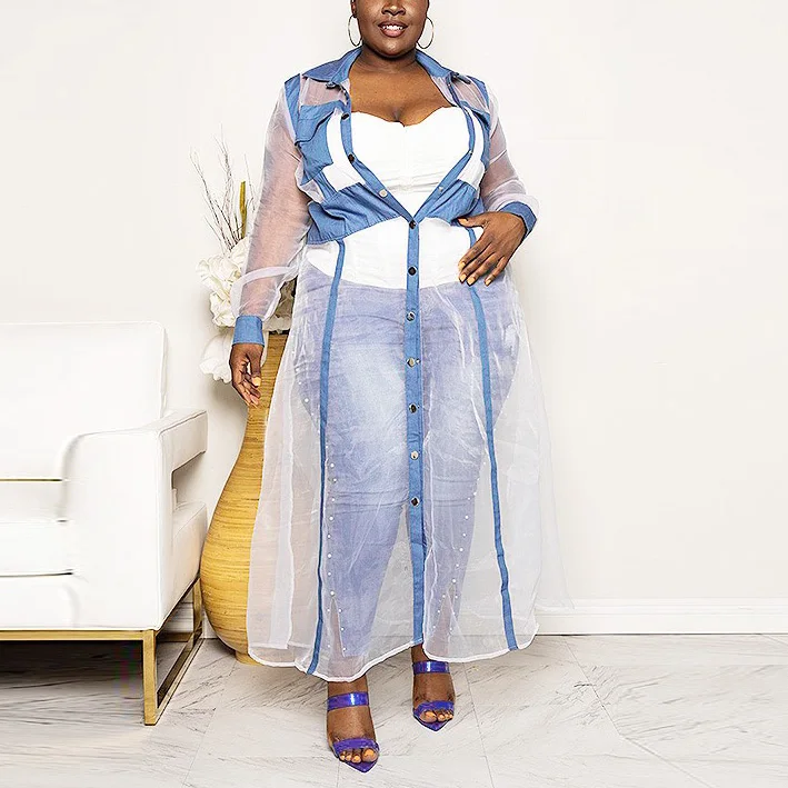 

African Jackets Coats Long Single Breasted Full Sleeve Turn Down Collar Transparent Mesh Patchwork See Through Long Coats 2020