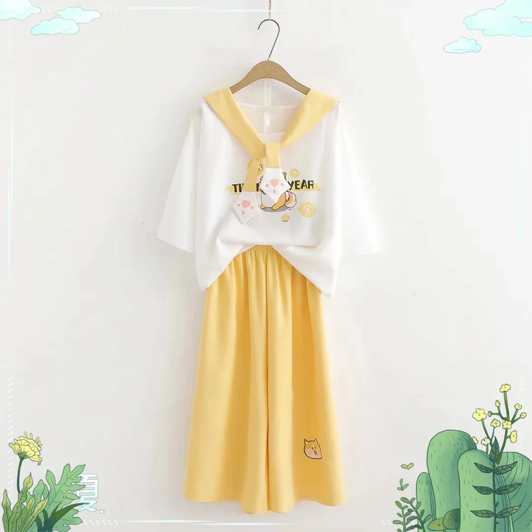 

2019 Summer New Style Versatile Artistic Fresh And Sweet Cute Lucky Puppy Printed T-shirt Loose Pants Set