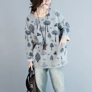 

Woman Loose Flower Printing Cotton T Shirts O Neck Pullover For Women Loose Long Sleeves Tees