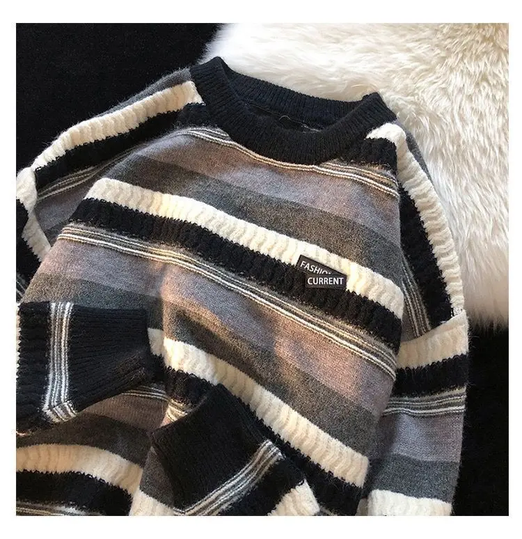 christmas sweaters Autumn Winter New Thickened Loose Pullover Sweater Korean Style Color Stripe Retro Age-Reducing Long-Sleeve knit Sweater Tops pullover sweater