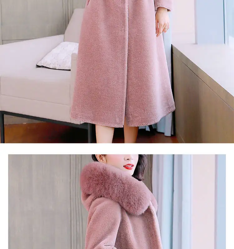 New Arrival Winter Women Vintage Coats Natural Sheep Shearing Fur Overcoats Female Real Fox Fur Collar Hooded Jackets A43