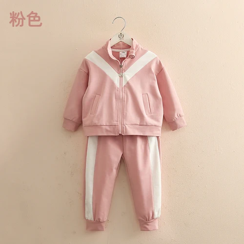 Baby Sports Suit Autumn New Girls' Children's Clothing Coat Pants 2pieces Tracksuit Casual Fashion Zipper Coats+Pants - Цвет: Розовый