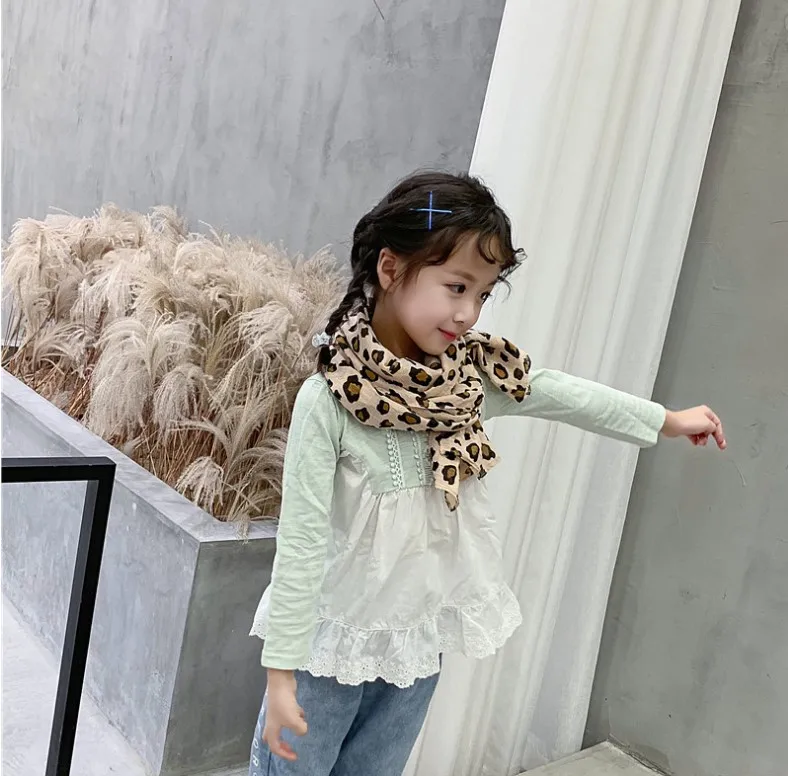 Корейский стиль, детский леопардовый комбинезон, хлопковый и льняной шарф, Осень-зима, детский шарф, 015