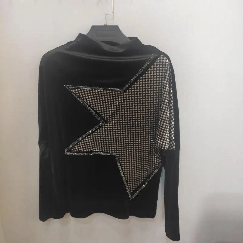 Осень Новая мода пятиконечная звезда цвет бархат Женская с длинным рукавом рубашка летучая мышь рукав яркий алмаз Базовая футболка