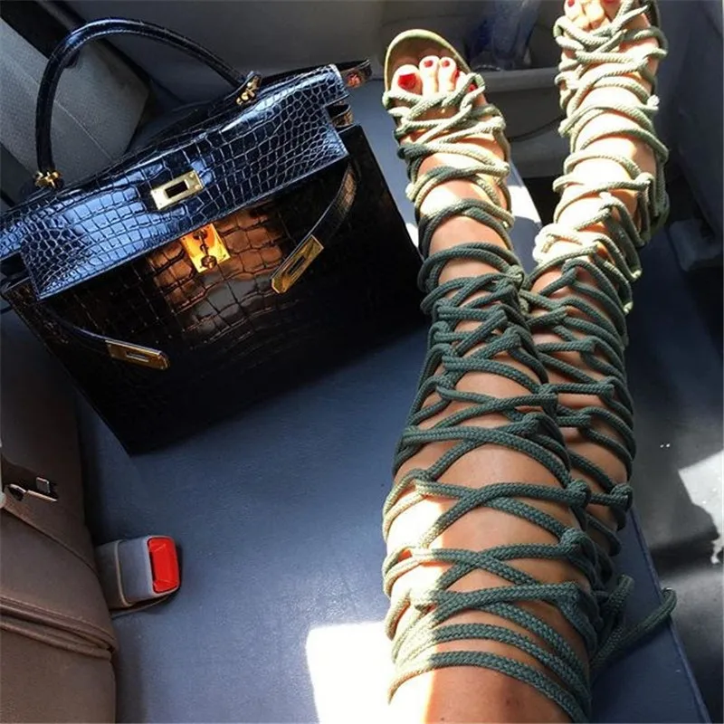 Summer Gladiator Rope Sandals Boots Women Roman Open Toe Cross-tied Knee High Boots Femme Beach High Heel Shoes Woman Botas