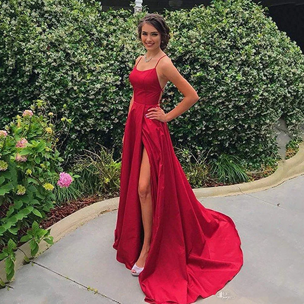 

2019 Cheap Spaghetti Straps Satin Long Prom Dresses Ruched Split Criss Cross Sweep Train Formal Party Evening Dresses