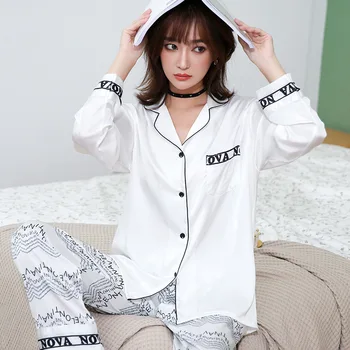 

New Women's Pajamas Set Luxury Style Fashion Letter Print Long-sleeve Sleepwear Silk Like Nightie Home Clothes Nightwear Set