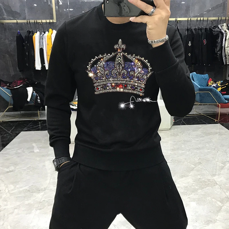 

Мужская Повседневная Толстовка из натурального хлопка, свитшот с длинным рукавом и узором в виде короны и страз, дизайнерский свитшот, 2021