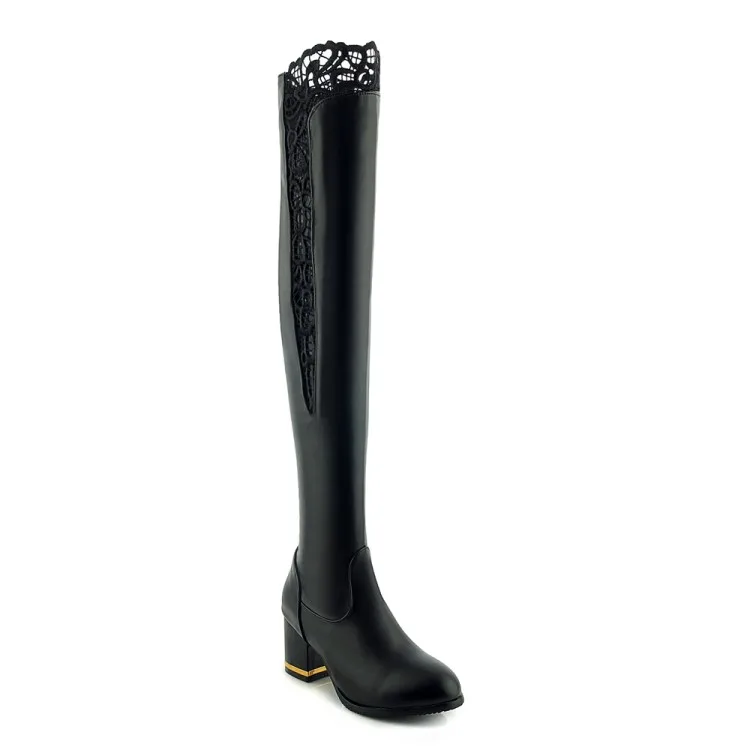 Большие размеры 33-46, женские ботфорты из Pu искусственной кожи обувь с круглым носком женские сапоги на высоком каблуке со шнуровкой обувь на молнии женская зимняя обувь г. MAZIAO - Цвет: black  short plush