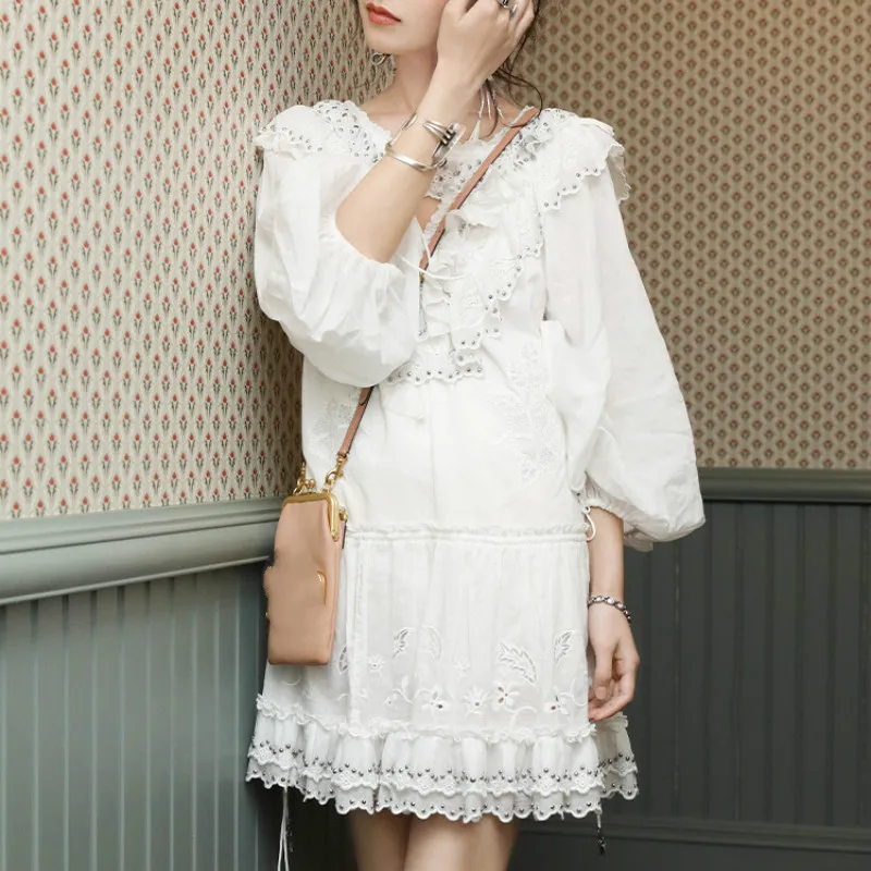 

2019 Ruffled V-neck Hollow Out Backless Loose White Embroidery Party Beach Dress Vestido