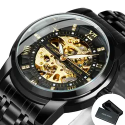 Luxury Diamond Dial Skeleton Automatic Men's Watch with Stainless Steel Strap (BOX ALL BLACK)