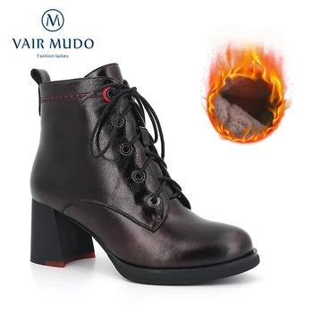 

VAIR MUDO Ankle Boots Warm Classic High Quality Handmade Winter Red wine Women's Boots Genuine Leather Lace-up Lady Boots DX88