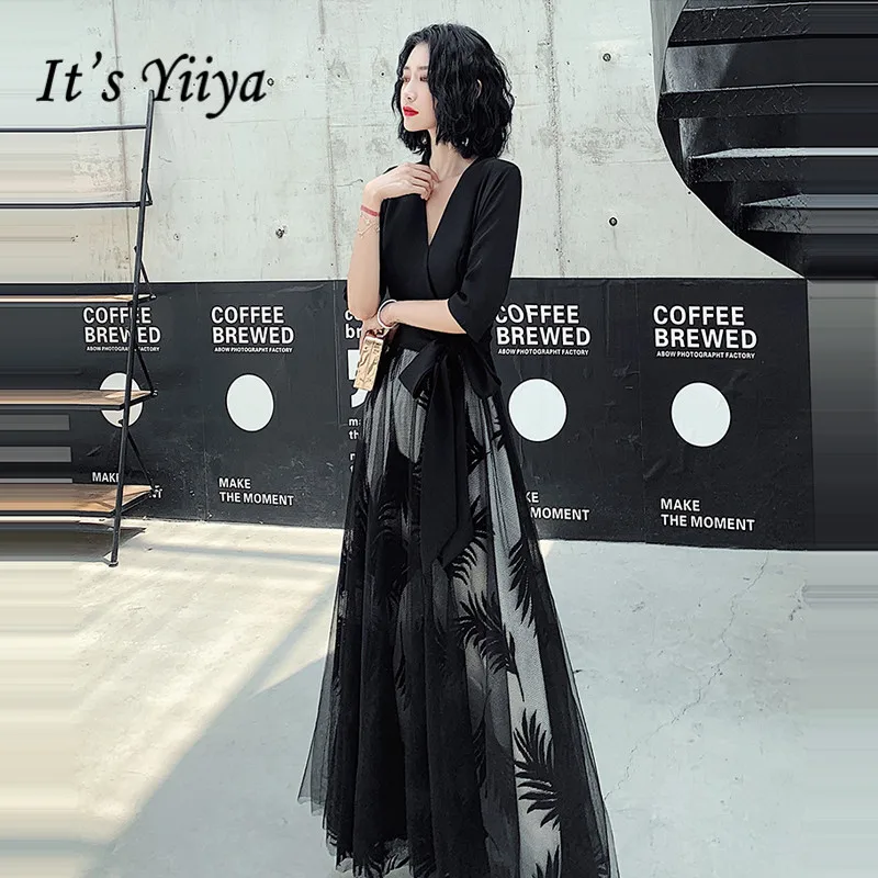 Это Yiiya вечерние платья черное платье свободного кроя с v-образным вырезом и рукавами длинное вечернее платье размера плюс элегантные платья для вечеринки robe de soiree LF012