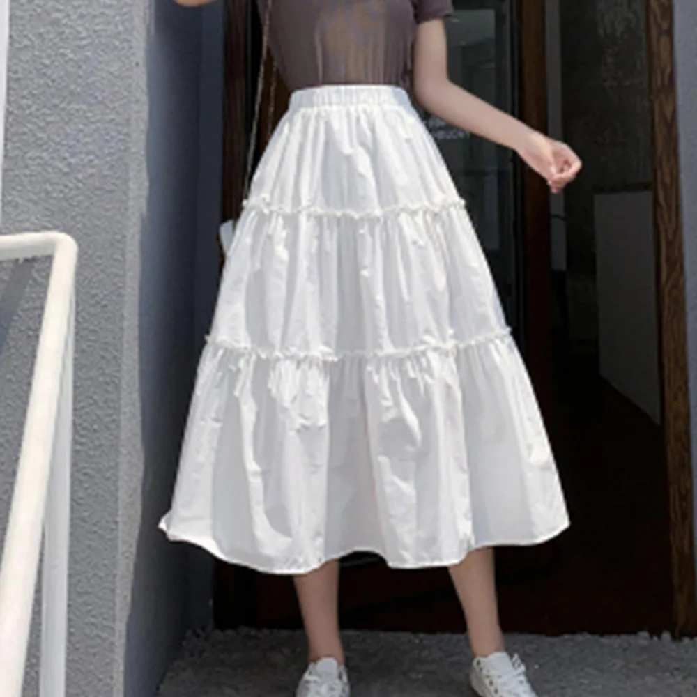 

Summer A-Line White Midi Skirt Casual Solid Color Preppy Style Fashion Japanese Style Women High Waist Black Blue Skirts 2020