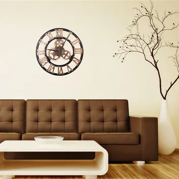 

New European Retro Gear Clock Wall Roman Digital Wooden Furniture 3D Bronzer Digital Wall Clock