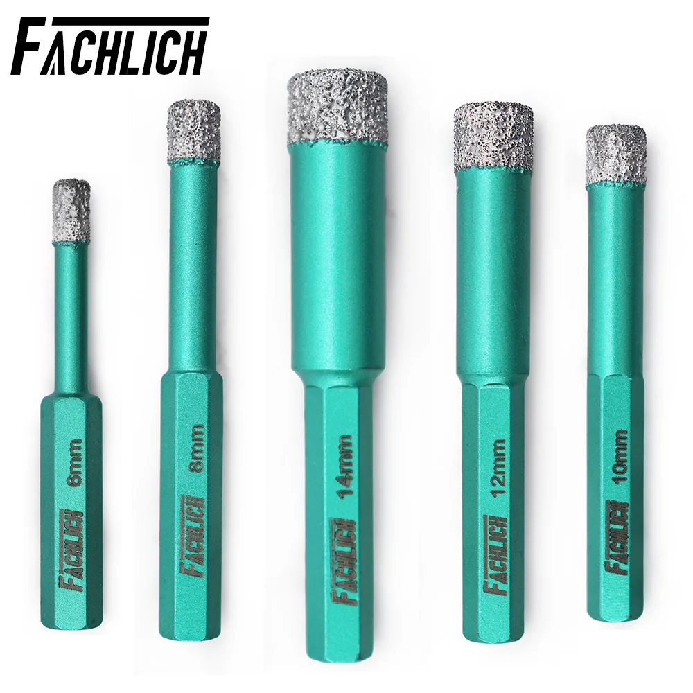 FACHLICH 5pcs Diamond Drilling Core Bits Hole Saw Cutter with Hex Shank Dry Drill Bits for Tile Porcelain Ceramic Marble