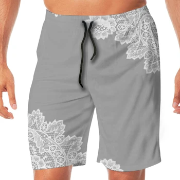

White Lace Grey Print Mens Swimsuit Swimwear Men Swimming Shorts Beach Short Sports Suits Surf Board Swim Trunks beachwear