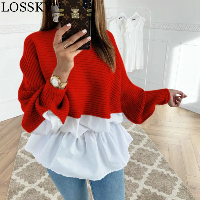  Autumn Winter Elegant Tunic Shirt Patchwork Casual O Neck Long Sleeve Ruffles Coffee Korean Blouse 