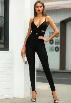 

Women Sexy V Neck Hollow Out Black Rayon Bandage Jumpsuit 2020 Fashion Skinny Jumpsuit Rompers